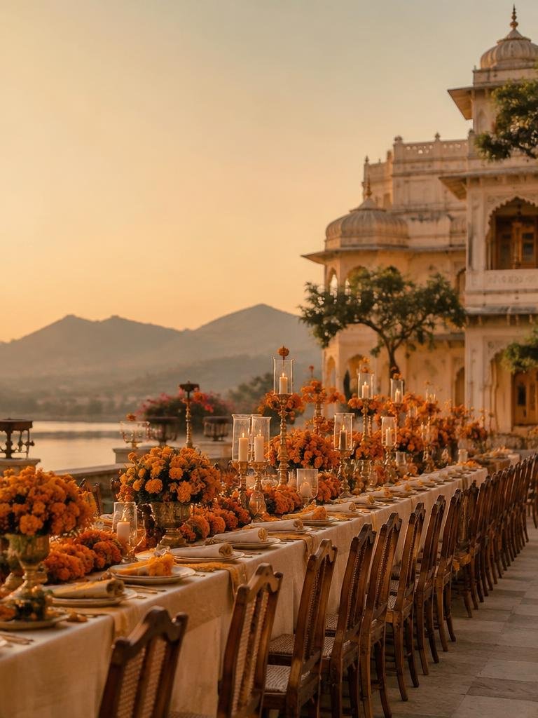A destination banquet overlooking the lake and palace